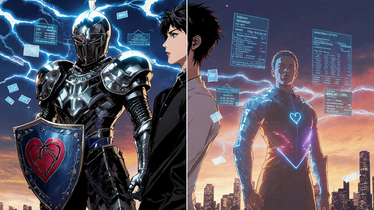 CoQ10 and Hawthorn warriors battling alongside a human, Arjuna in background, anime style