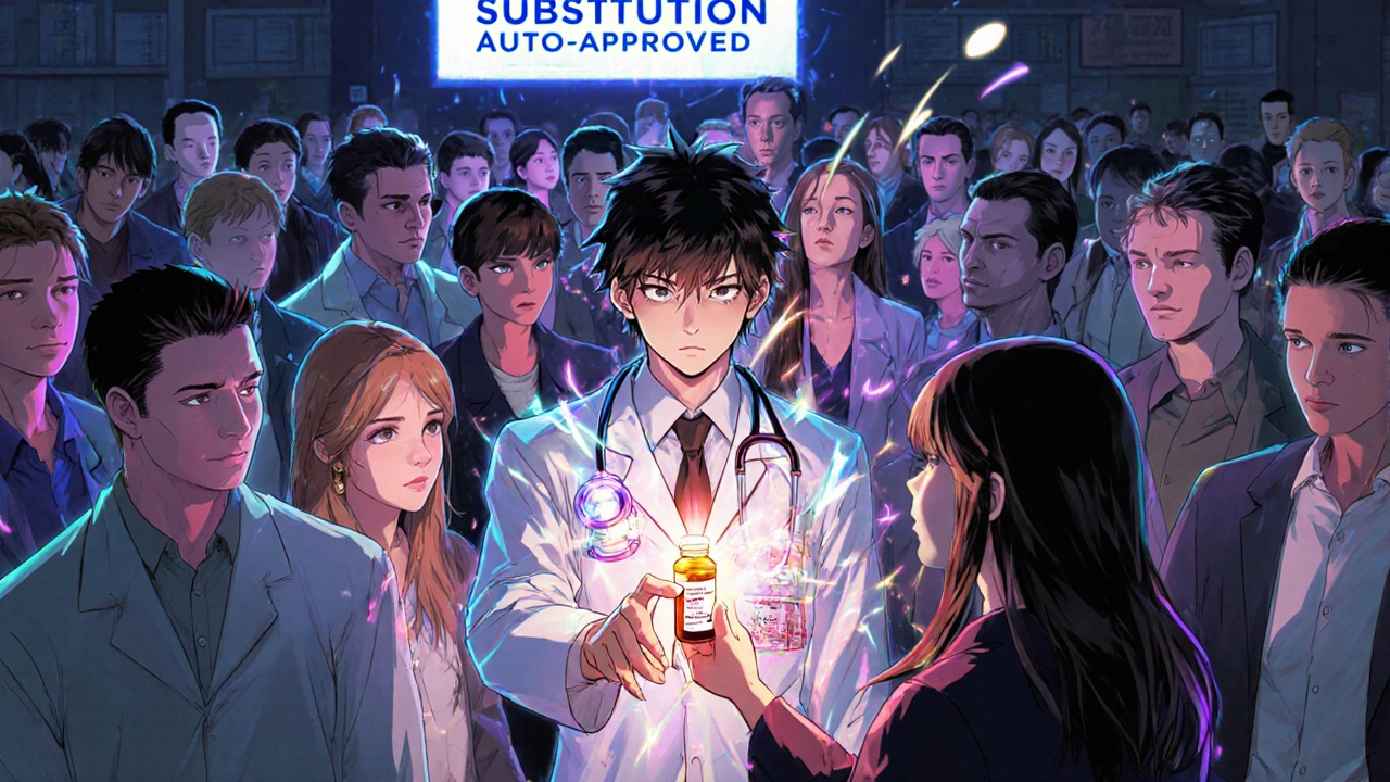 Crowded pharmacy with emotional patients, a pharmacist reaching out to a woman as a digital screen flashes &#039;SUBSTITUTION AUTO-APPROVED.&#039;