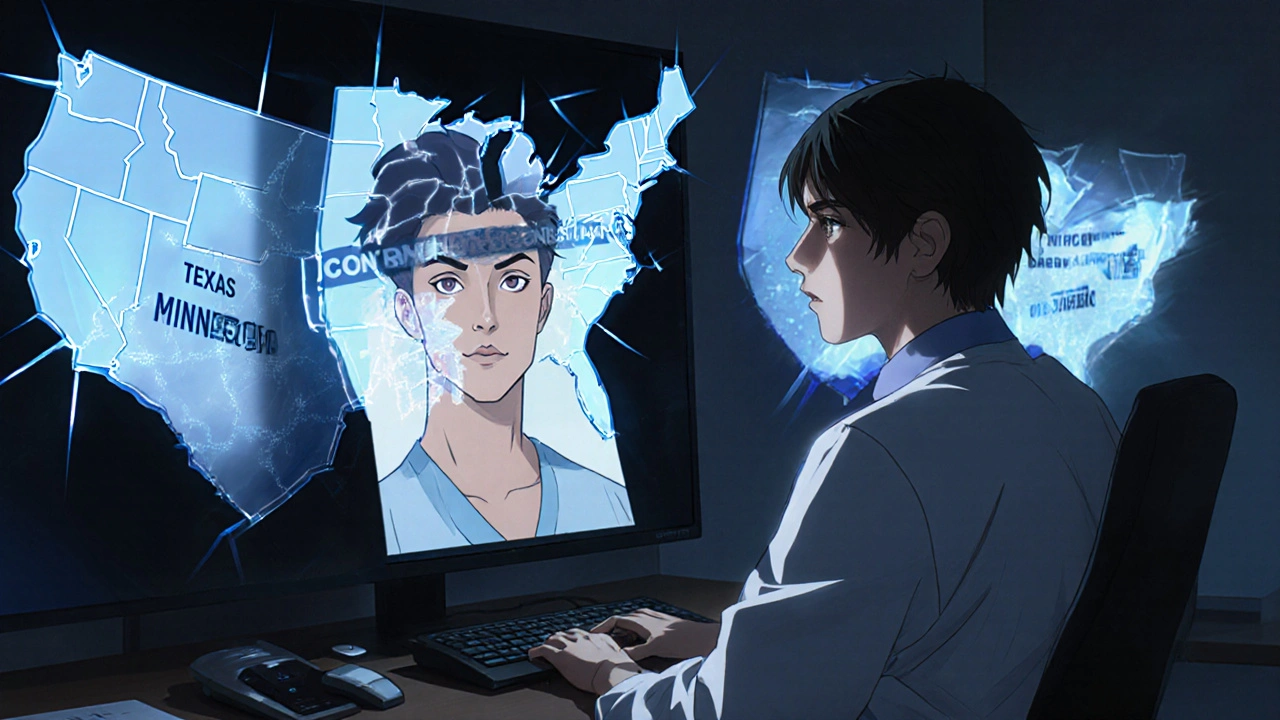 Doctor at telehealth station surrounded by flickering U.S. state law maps, patient’s face partially hidden.