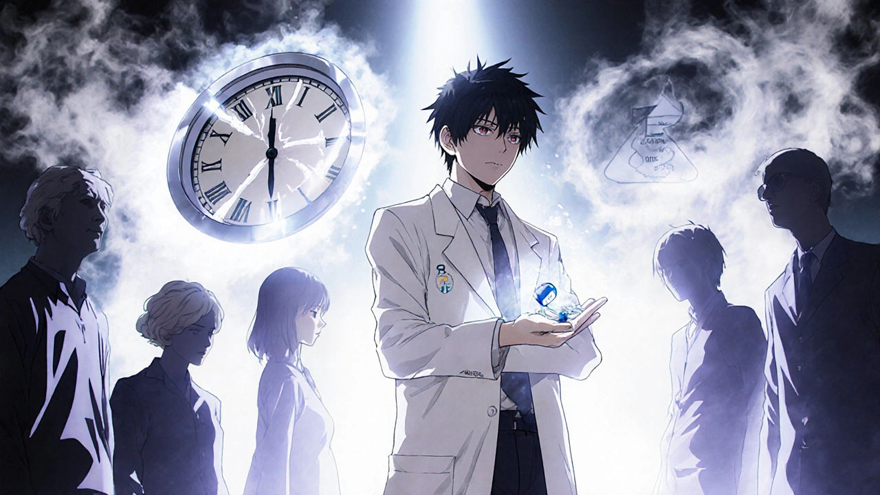 Doctor holding a dissolving ketorolac pill as patients fade away, with safer alternatives glowing nearby.