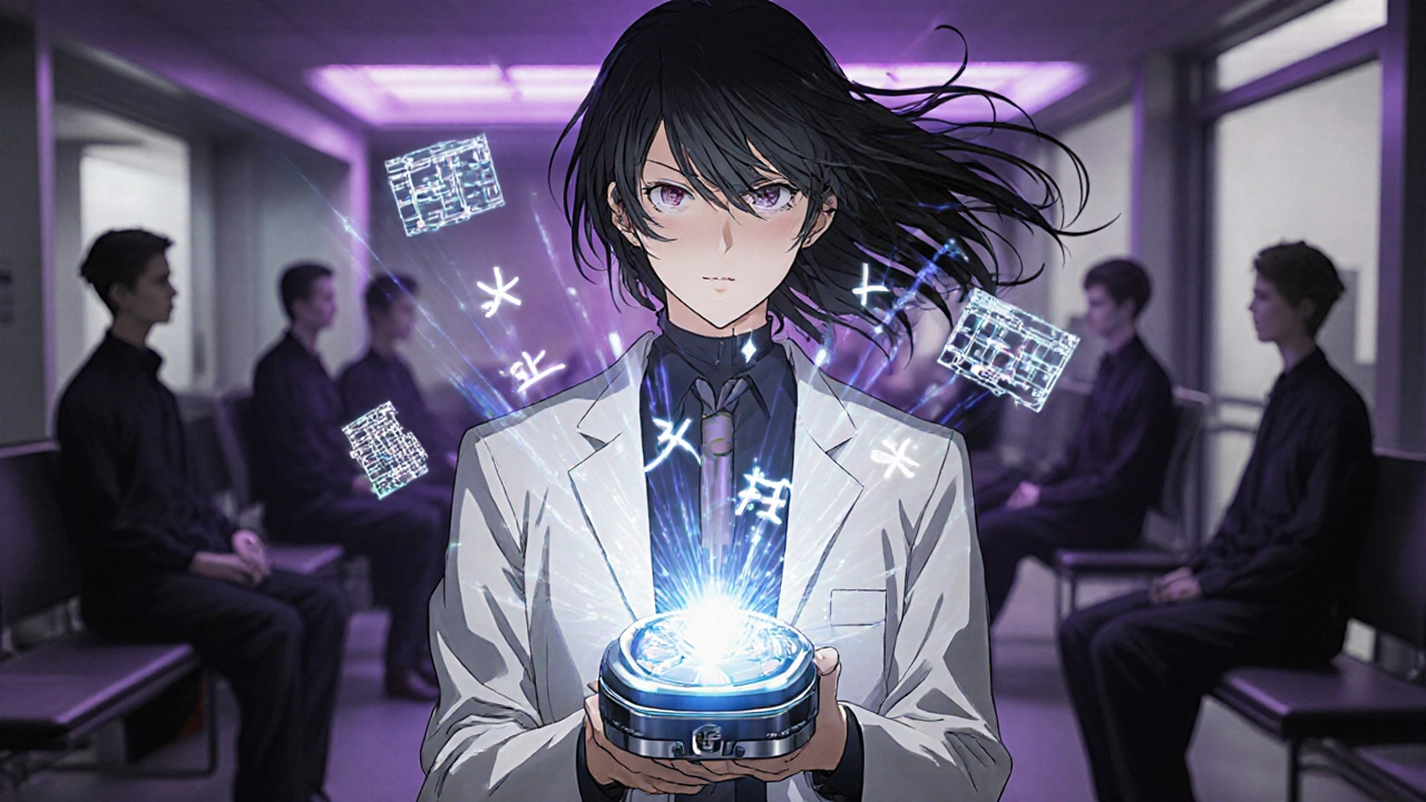 Doctor using a glowing GeneXpert device to scan a biopsy, holographic resistance genes floating in a futuristic lab.