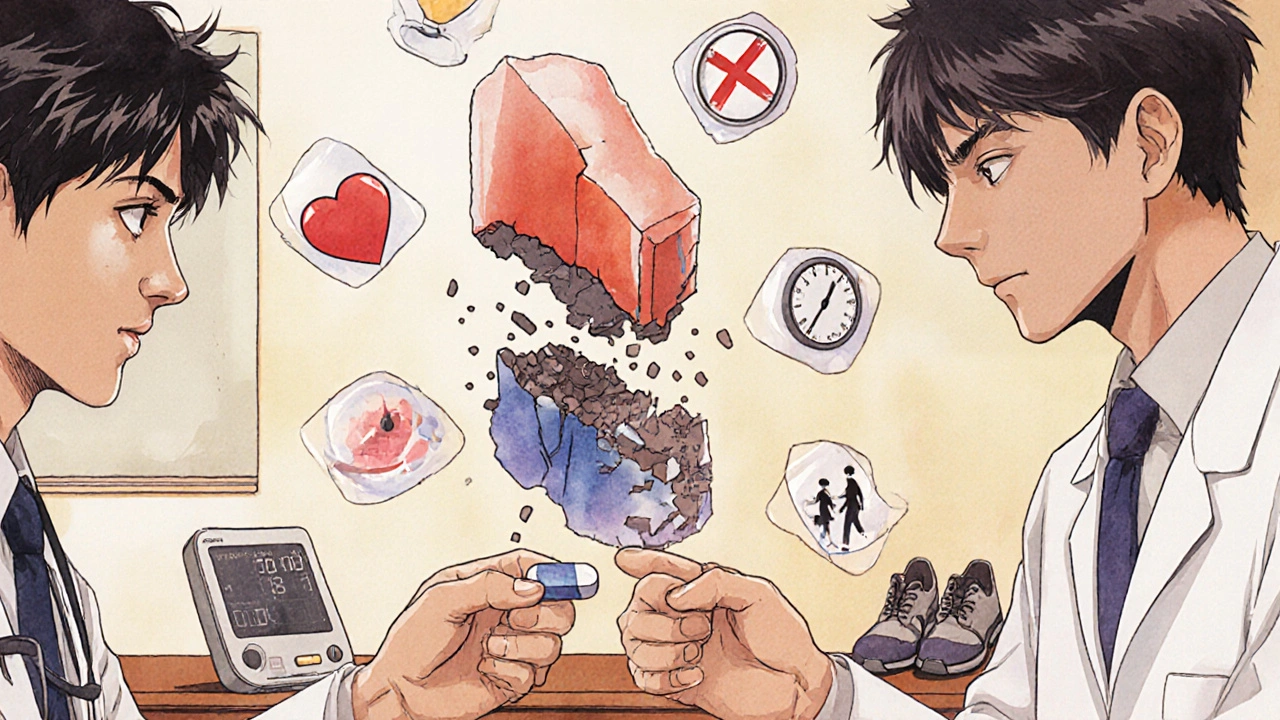 Elderly man receiving daily 2.5mg tadalafil as a large 40mg pill crumbles behind him in medical setting.