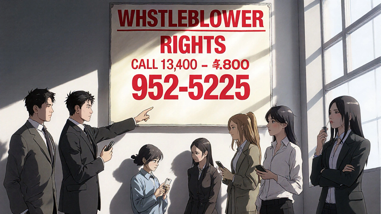 Employees gather around a glowing whistleblower rights notice in a break room, one pointing to the hotline number.