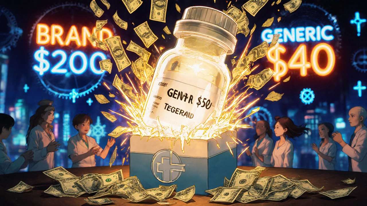 Generic drug vial bursting through brand-name box, radiating golden energy as prices drop in pharmacy scene.