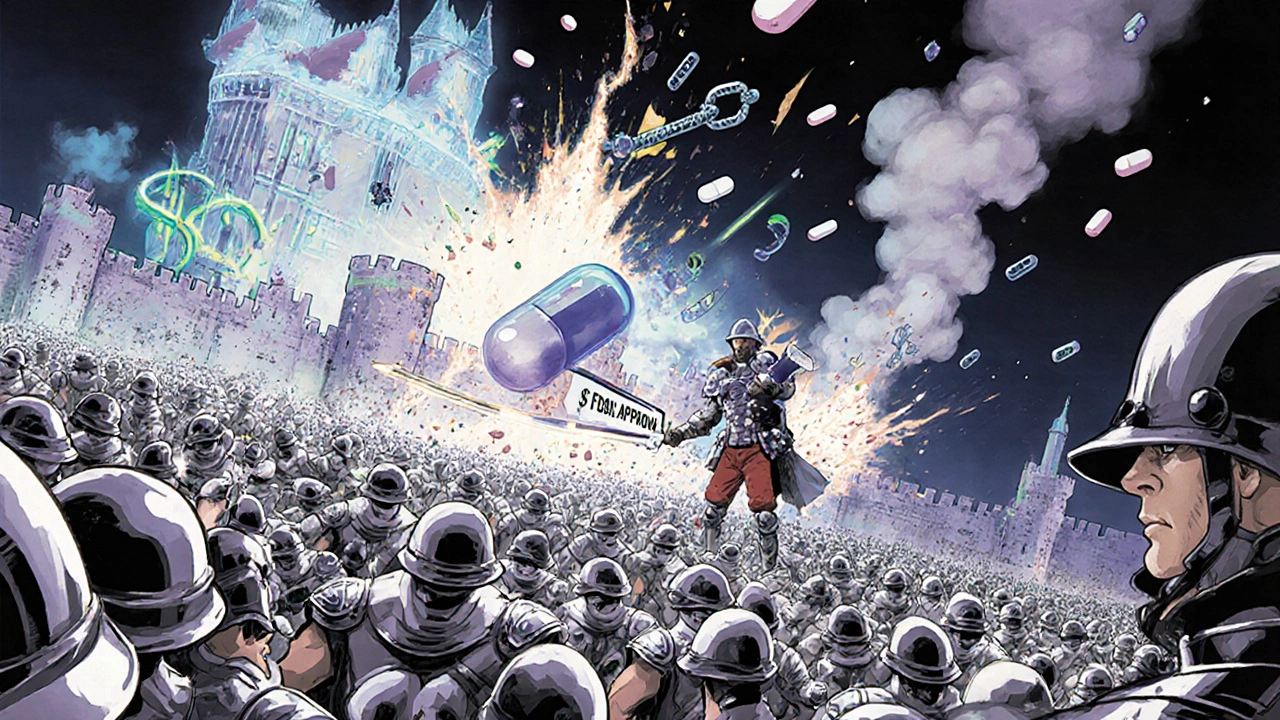 Generic pills advance like warriors against brand-name drug fortresses, with biosimilars shining as heroes in battle.