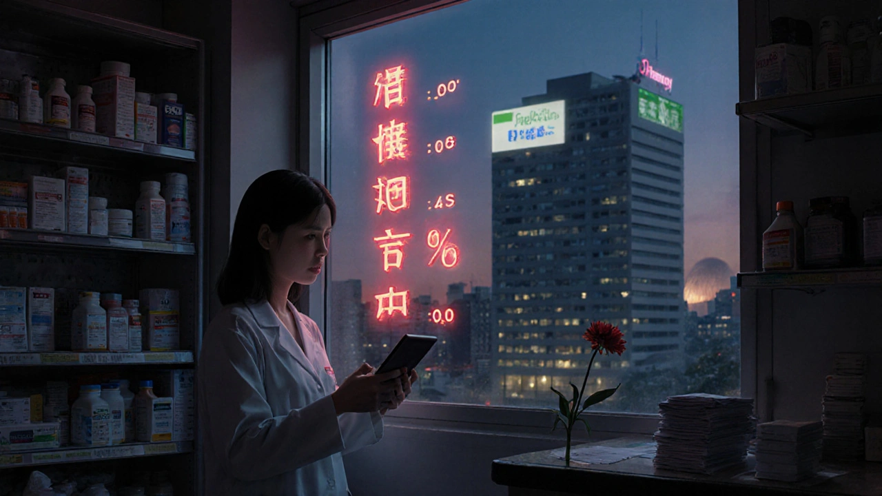 Lonely pharmacist in dim pharmacy, watching MAC rates drop as corporate pharmacy looms outside.