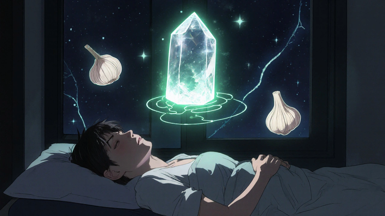 Magnesium crystal above sleeping person with floating supplements, night scene, anime style