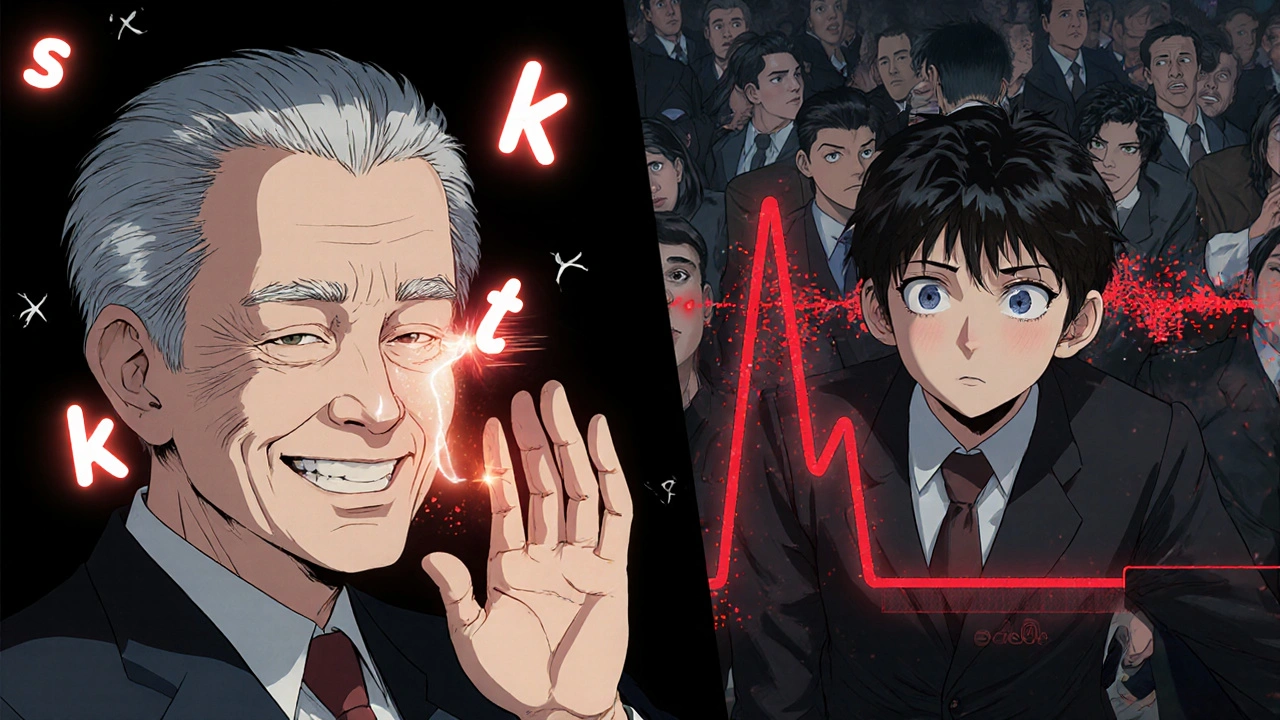 Man hearing whispers clearly vs. struggling in noise with falling audiogram line.