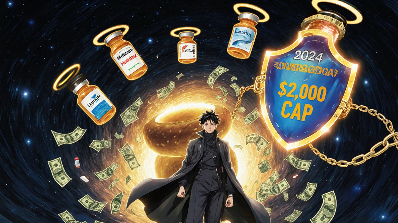 Medicare beneficiary standing under a 2025 ,000 cap shield as the donut hole vortex collapses behind them.