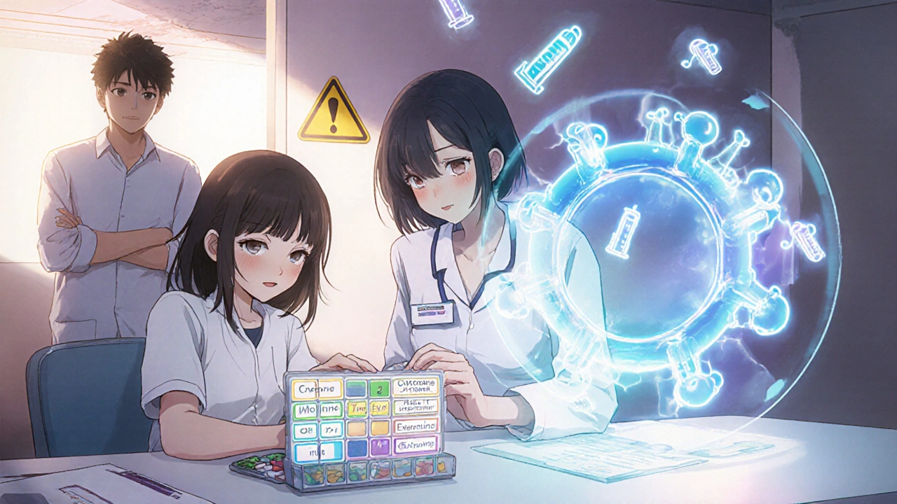 Nurse and patient reviewing color-coded pill organizer with floating cyclosporine molecules in clinic.