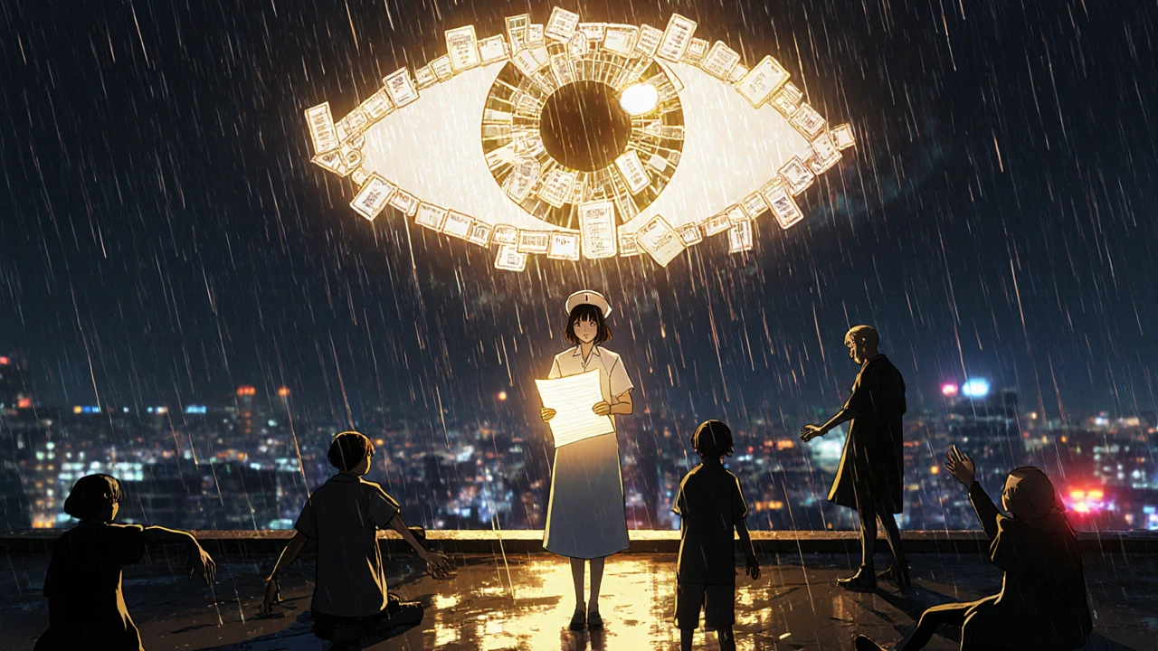 Nurse on rainy hospital rooftop holding glowing report form as shadowy figures reach up from below.