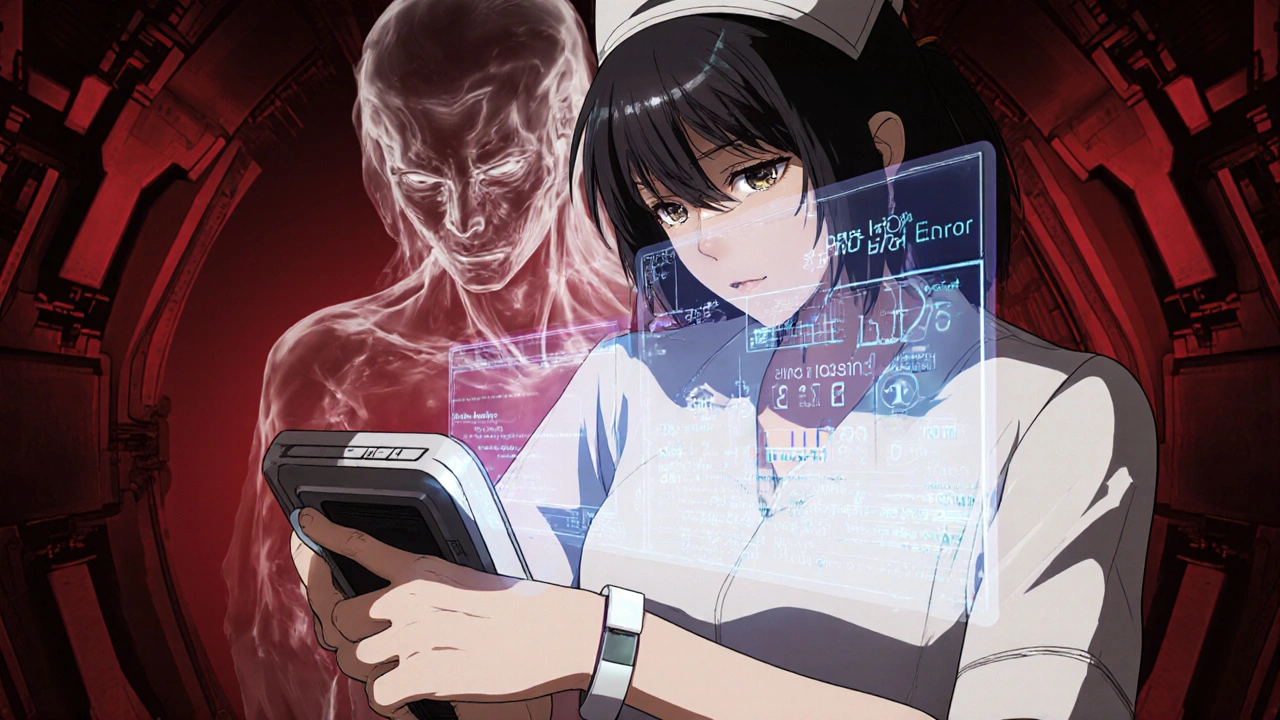 Nurse scanning patient wristband with holographic health data overlay in clinical setting.