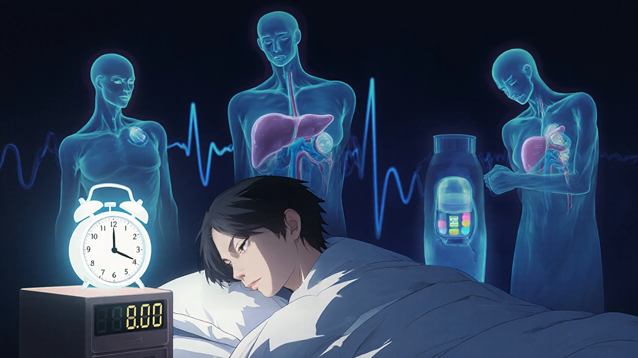 Patient asleep as ghostly missed doses approach, smart pill dispenser glows beside bed.
