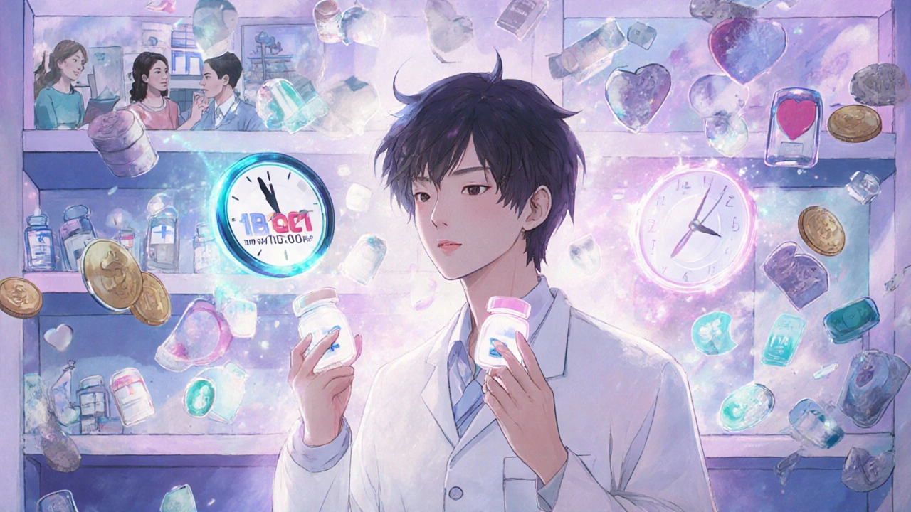 Patient holding generic and brand pills as 180-day clock dissolves into savings icons above them.