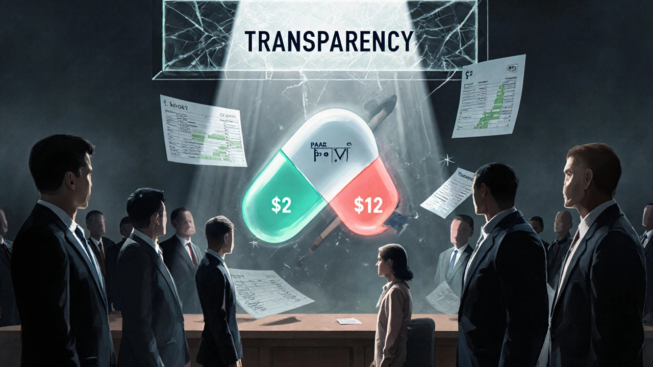 Pharmacist and patient in courtroom facing PBM executives, giant generic pill split between  and  prices.
