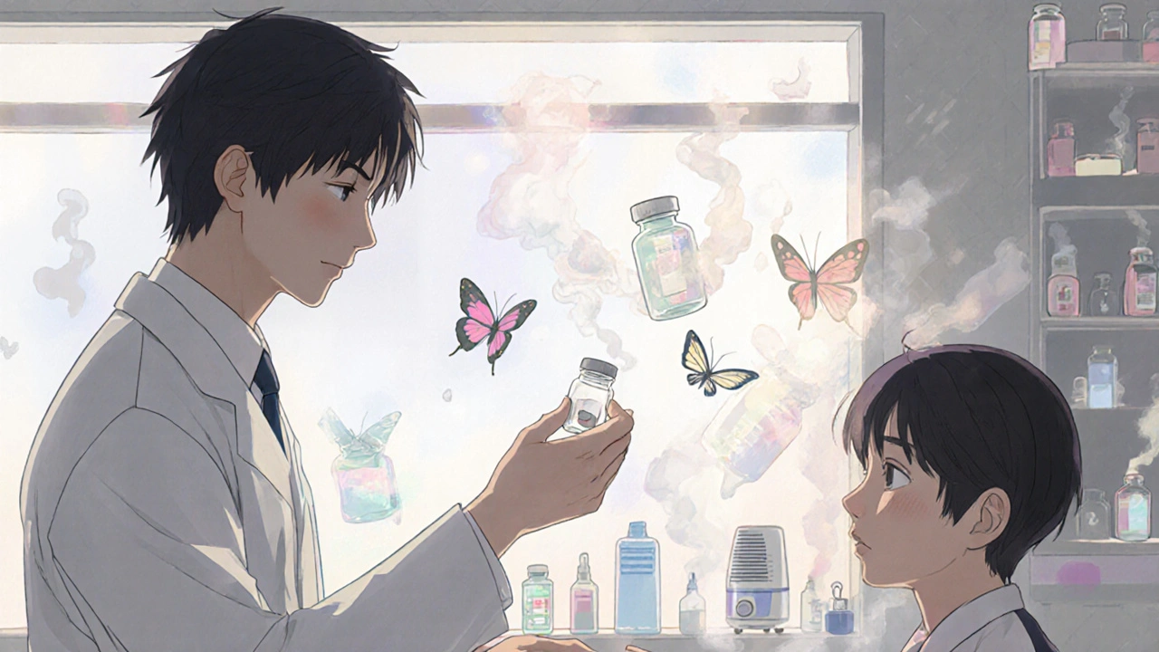 Pharmacist giving single pill to patient, shattered bottles turning into butterflies, sunlight streaming in.