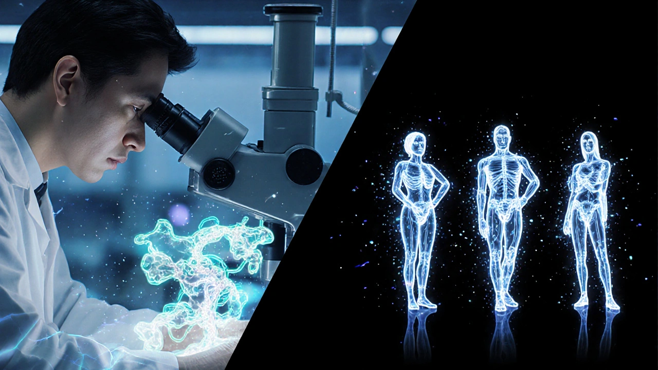 Scientists analyze molecular structures while patients with chronic conditions stand confidently, surrounded by glowing drug patterns.