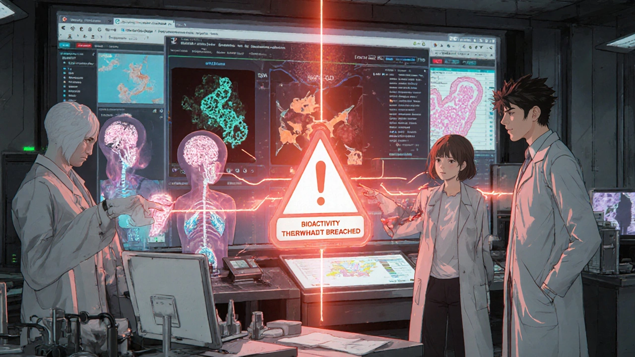 Scientists studying holographic excipient interactions in a futuristic FDA lab with warning alerts.