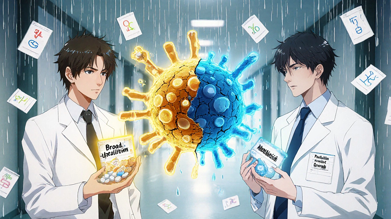 Two doctors stand opposite each other, holding different antibiotics as bacteria crack between them.