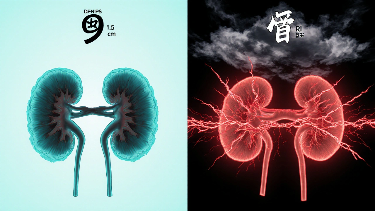 Two kidneys side by side: one healthy with thick cortex, the other damaged with thin tissue and blocked blood flow, shown in dramatic anime style with glowing metrics.