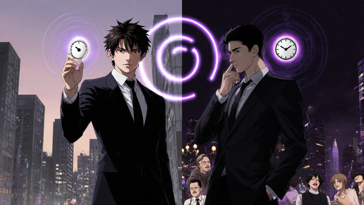 Two men comparing pills: one with 4-hour Viagra clock, other with 36-hour tadalafil timeline in cityscape.