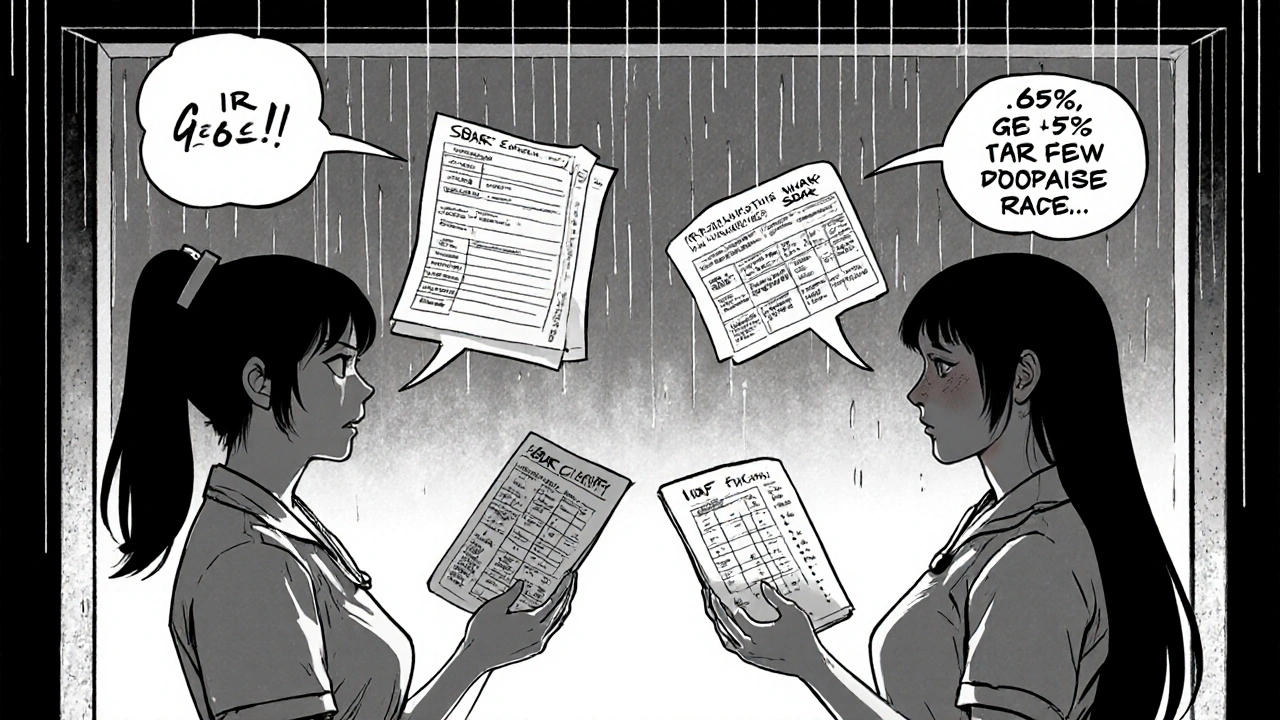 Two nurses exchanging patient info using SBAR format during morning shift change.