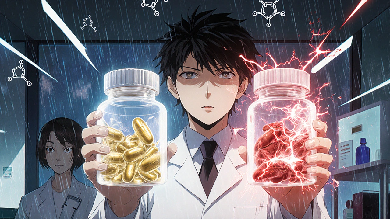 Two pill bottles with translucent energy fields showing different excipient compositions, one safe, one hazardous.