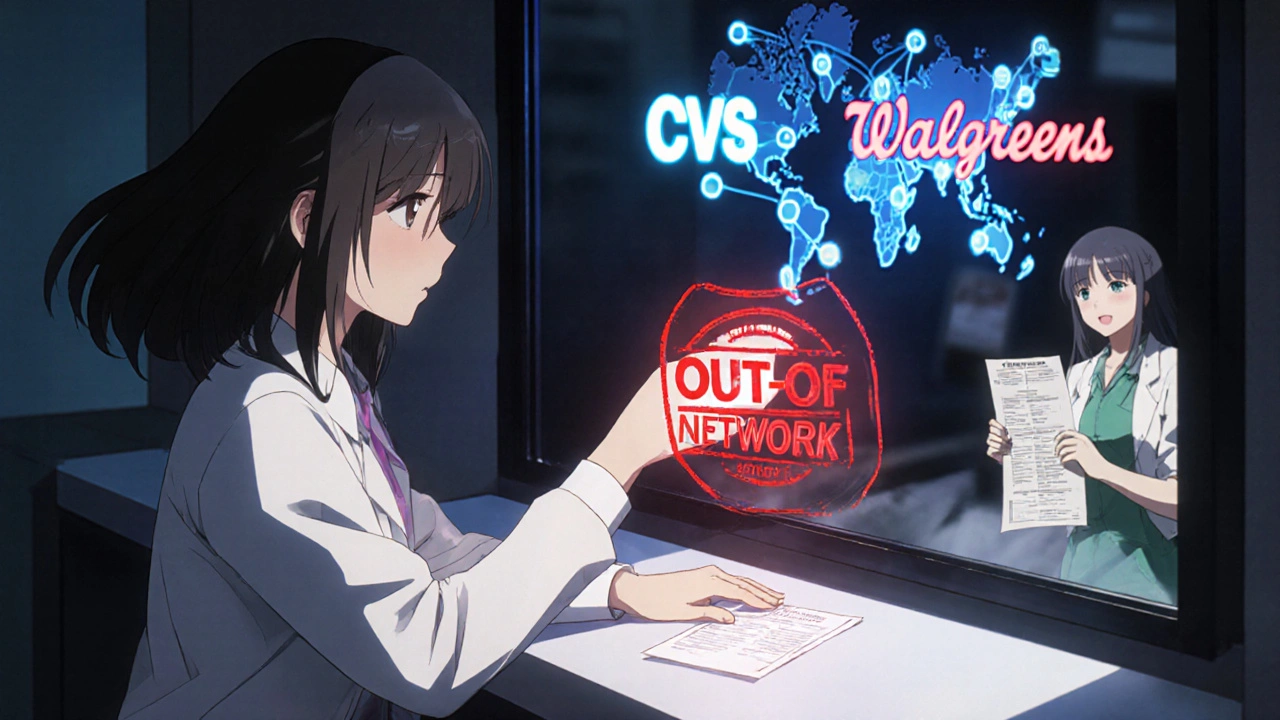 Woman blocked at pharmacy counter by out-of-network stamp, network logos glowing behind her.
