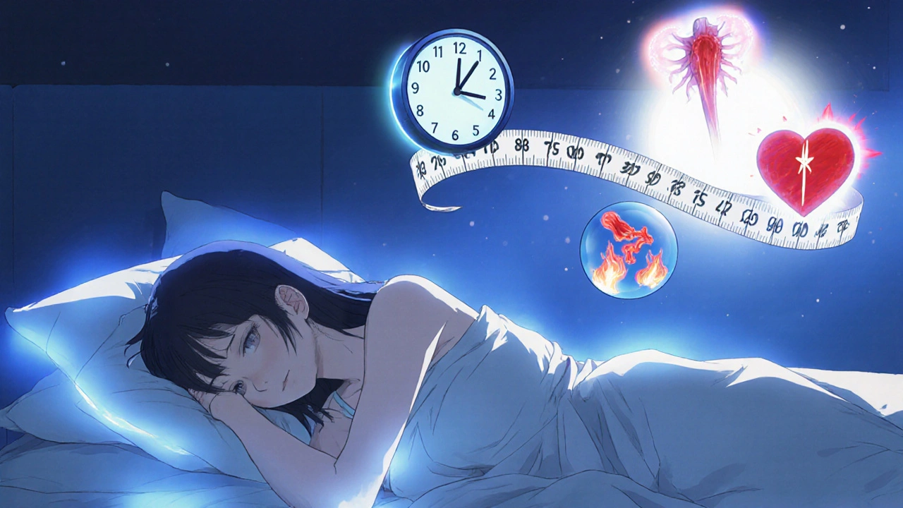 Woman sleeping peacefully as sleep energy glows around her, waist measurement shows 88cm with health risks fading into muscle strength.