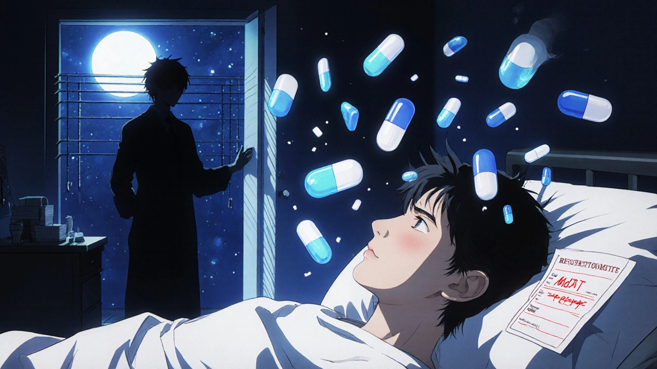 Young epileptic patient in bed surrounded by floating pill fragments, one glowing blue and others white, moonlight streaming through blinds.