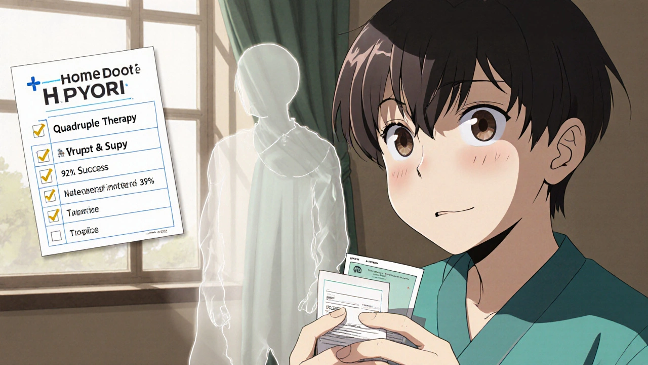 Young person holding a stool test kit as H. pylori fades away, medical chart with therapy success rates visible.