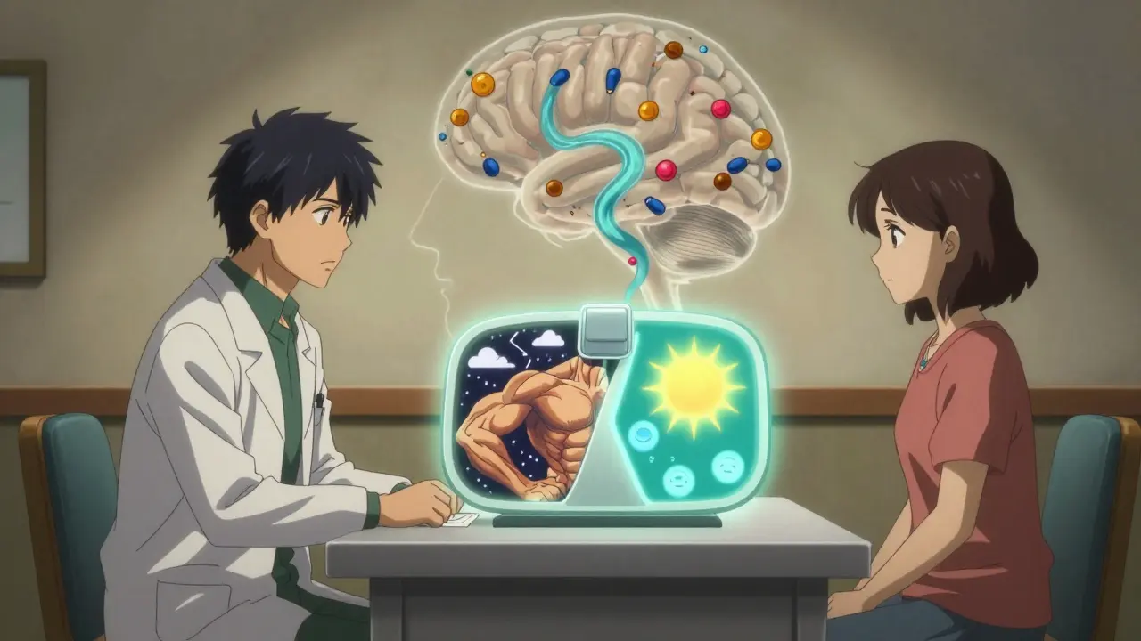 A doctor and patient discussing sleep and muscle symptoms, with a glowing brain and cholesterol molecules between them.