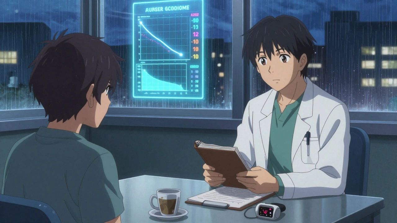 A doctor and patient reviewing a journal and heart monitor, with a small coffee cup and health data glowing softly in the background.