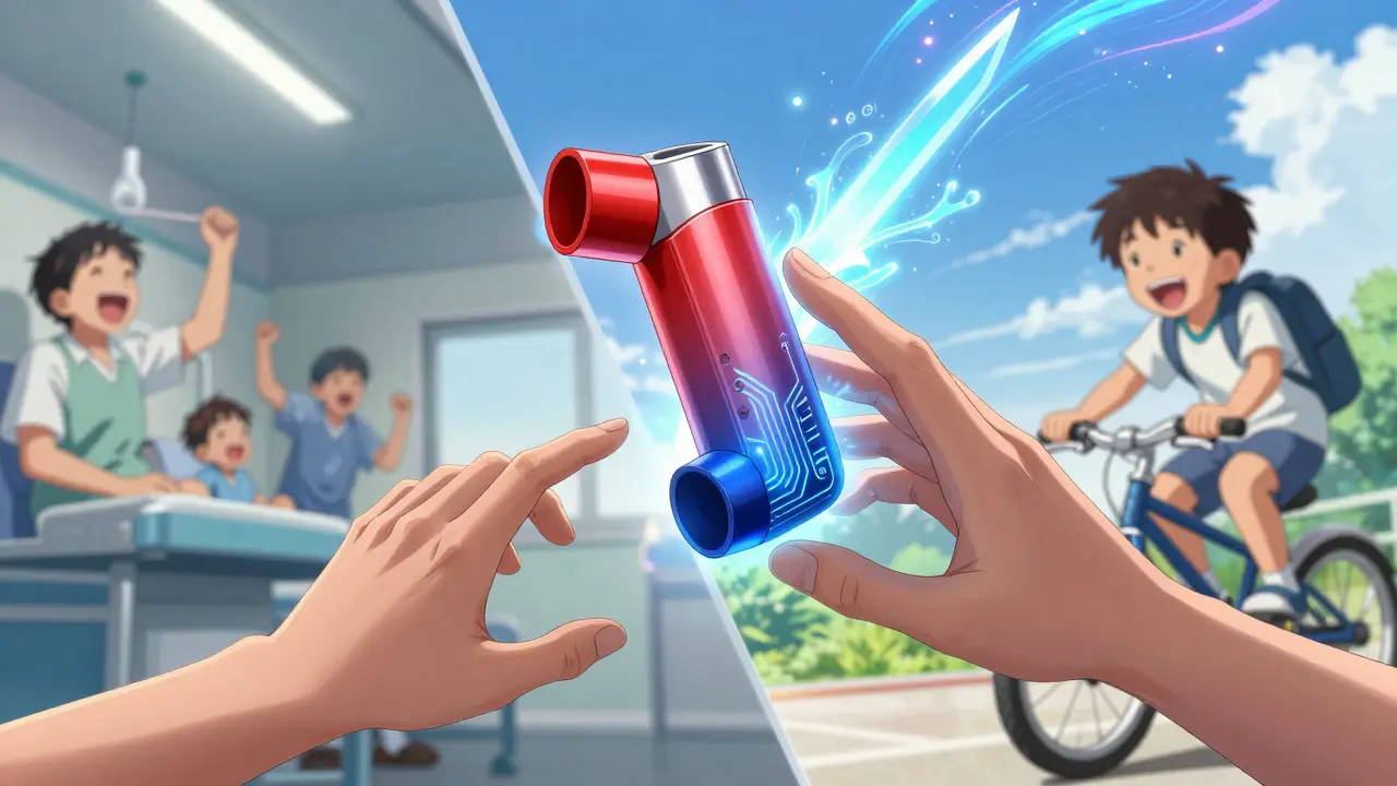 A dual-colored inhaler hovering as two hands merge, one panicked, one calm, with ER and healthy child scenes behind.