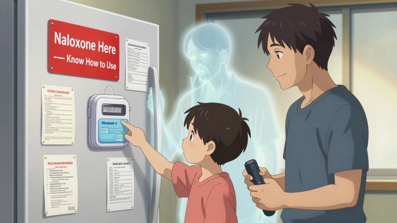 A family gathers by the fridge, showing emergency cards and naloxone kit, with a fading glowing figure behind them representing recovery.