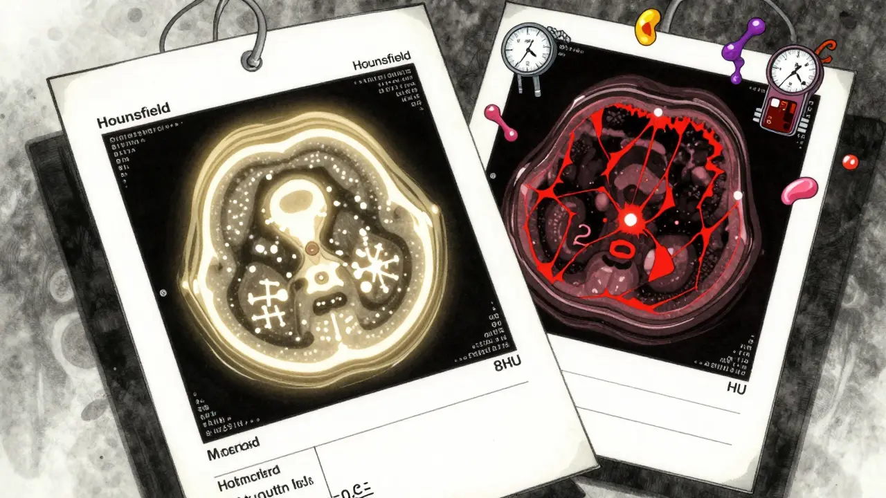 A floating medical chart showing CT scan values with golden and red visualizations of benign and suspicious tumors.