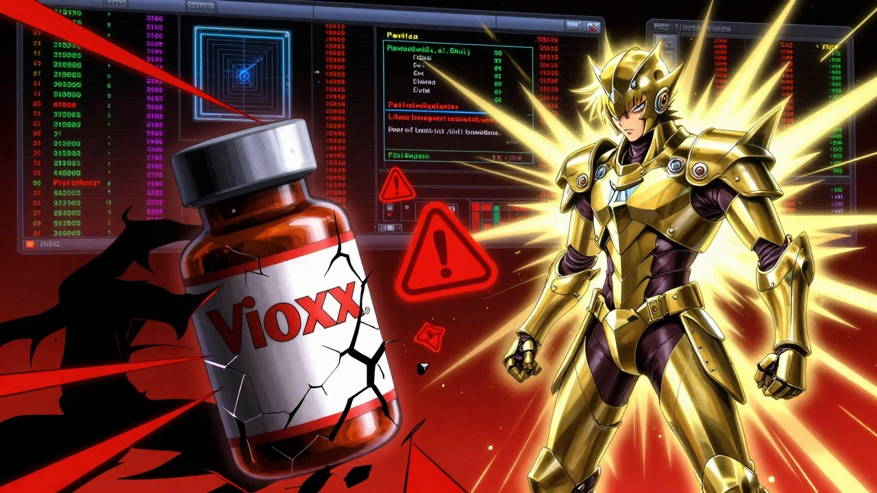 A fractured medication bottle exploding with warnings as a surveillance figure stands against it in dramatic anime style.