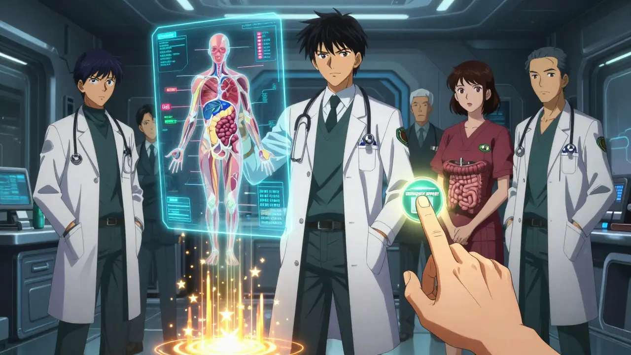 A medical team stands before a hologram of a body with real-time irAE alerts flashing.