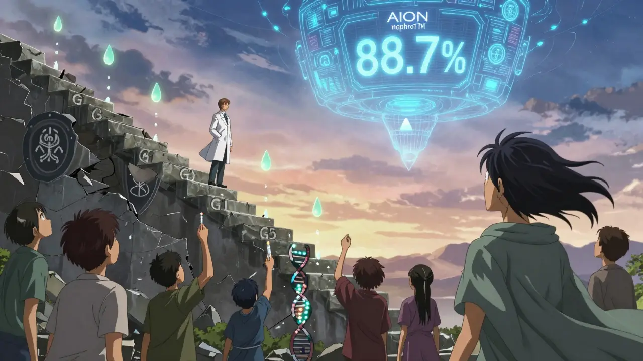 A nephrologist on a staircase of kidney stages, patients reaching up as an AI guardian projects accuracy glyphs in the sky.