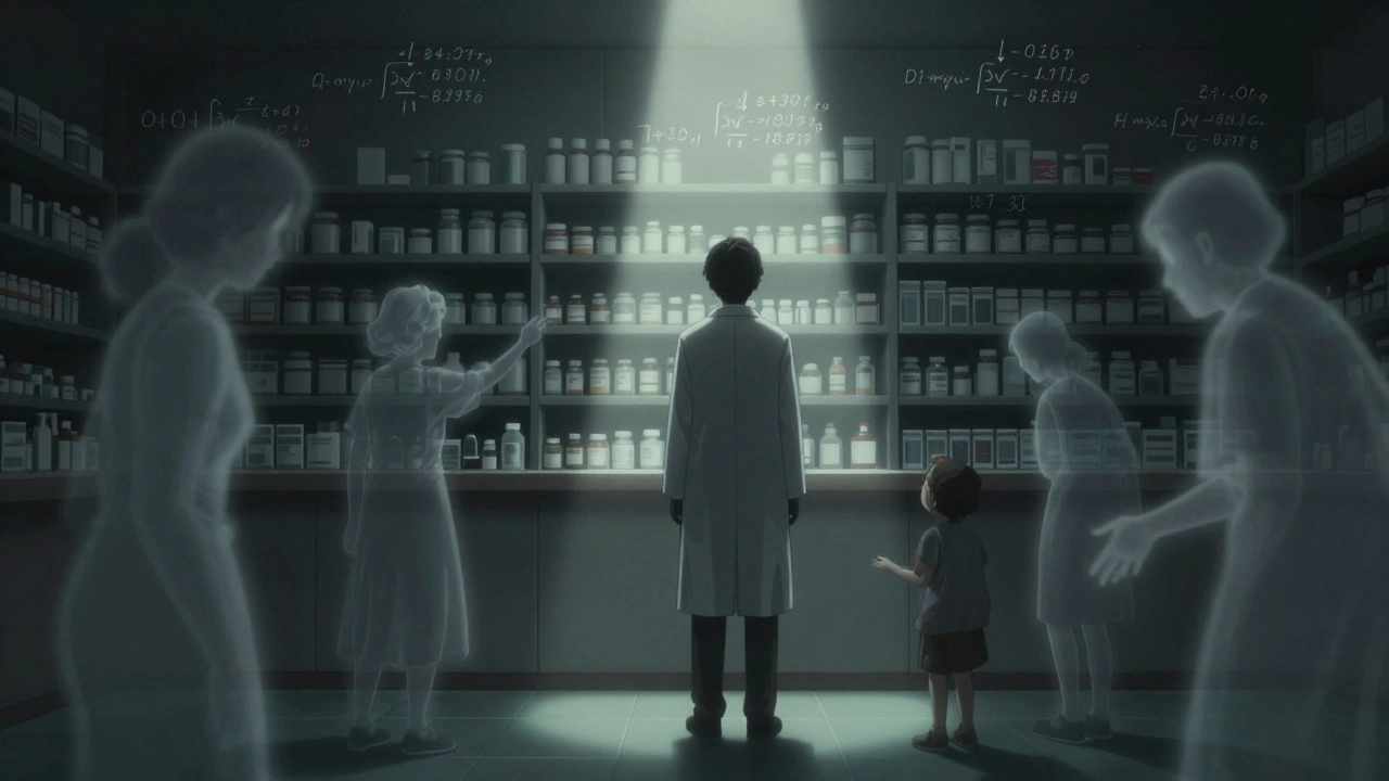 A pharmacist faces empty antibiotic shelves, ghostly patient figures reaching from the darkness behind them.