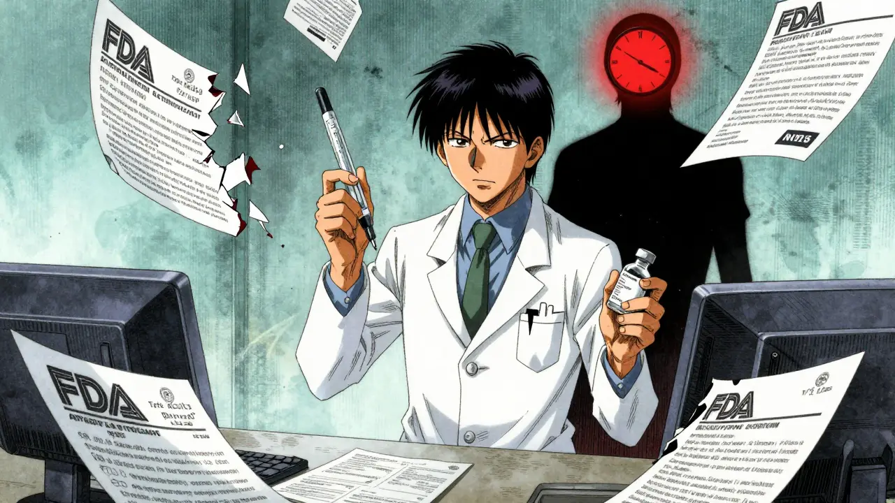 A pharmacist stands amid broken FDA seals, holding a branded EpiPen and generic vial, with a shadowy patient behind.