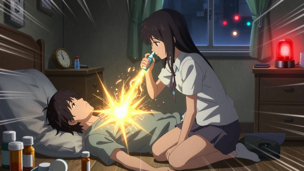 A teen administers naloxone to an unresponsive adult, golden light radiating from the spray as sirens approach in the distance.