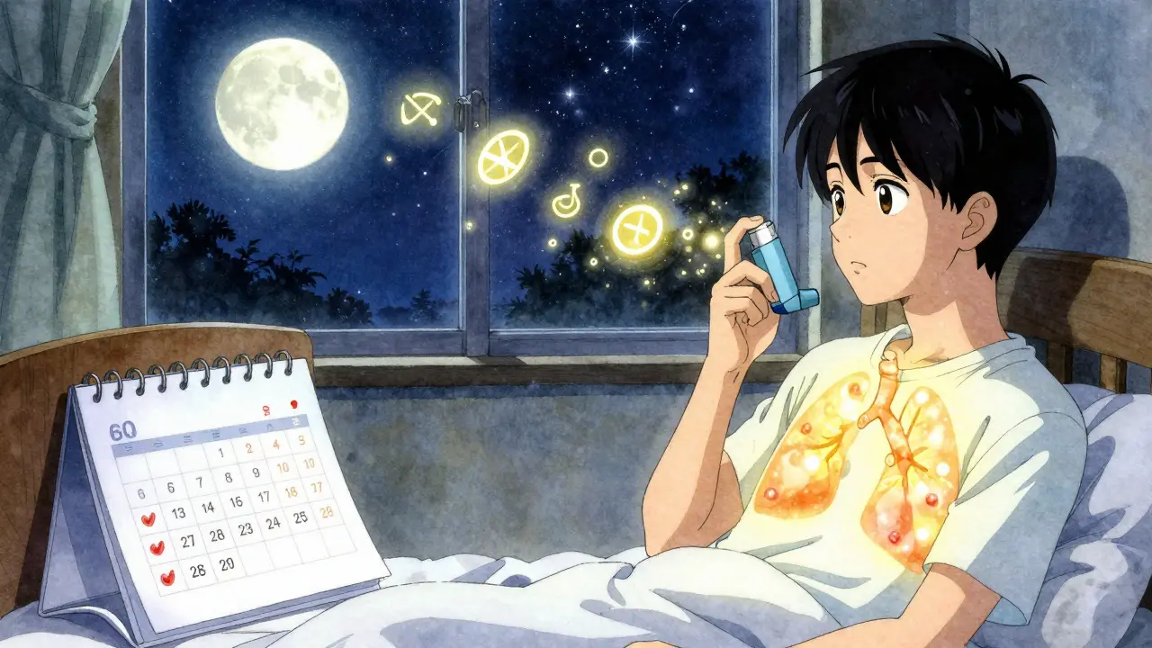 A teen using a blue maintenance inhaler at night, golden particles glowing in lungs, calendar showing 28 days of use.
