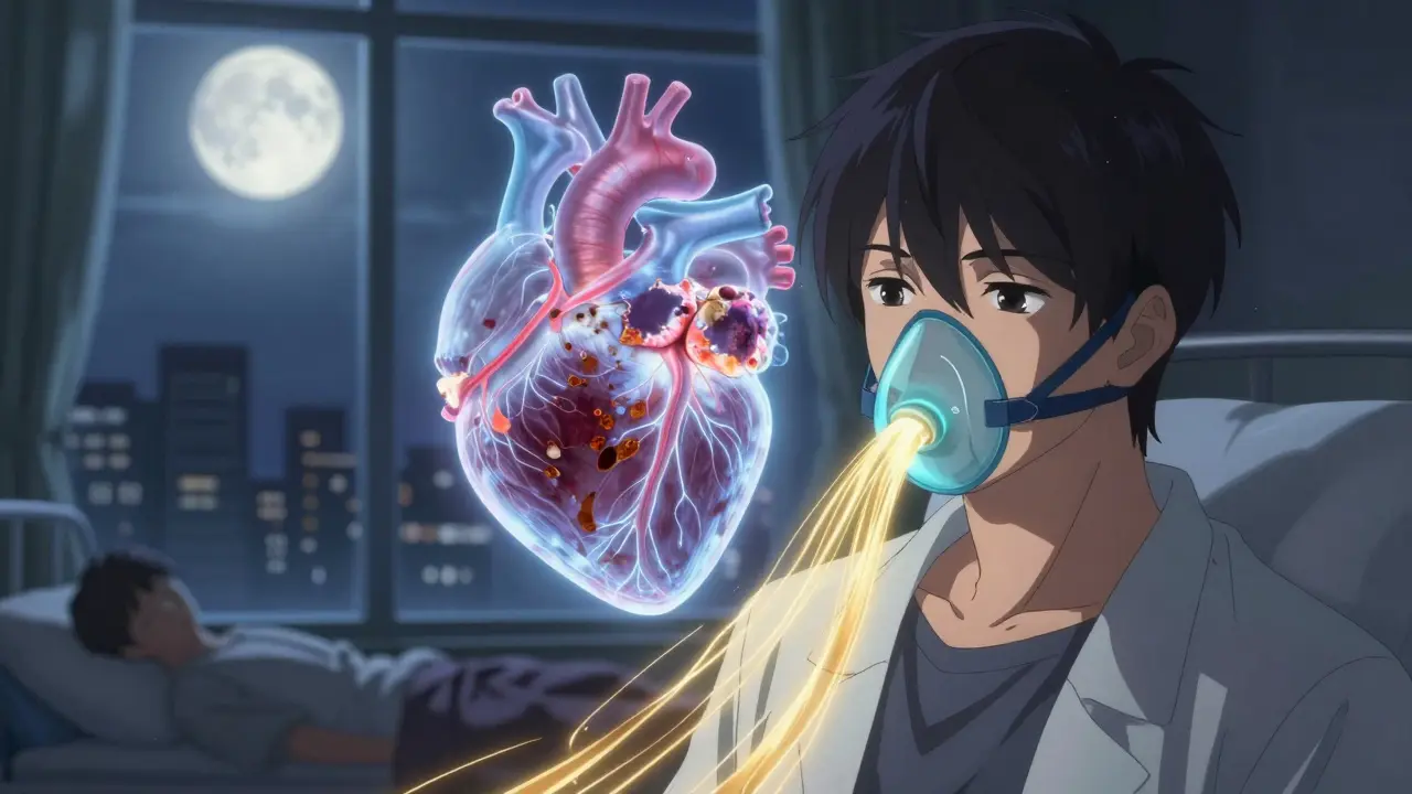 A young adult using CPAP therapy, golden air flowing through their nose, their heart visibly healing with steady electrical pathways in a moonlit room.