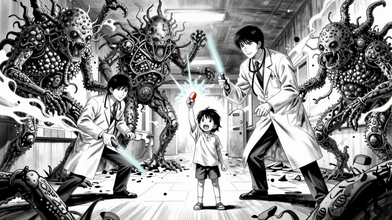 Doctors fight monstrous bacteria in a ruined hospital, a child holding the last antibiotic pill like a relic.