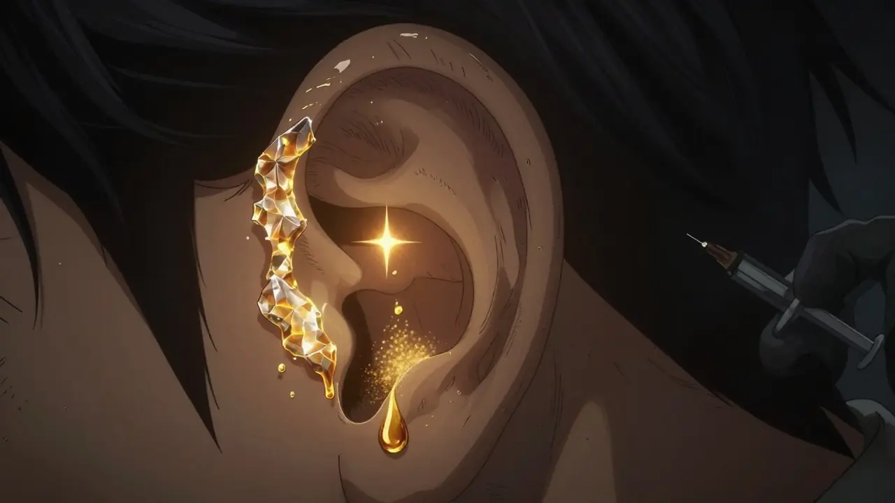 Ear canal as a glowing tunnel with hardened wax dissolving into golden mist from a single drop.