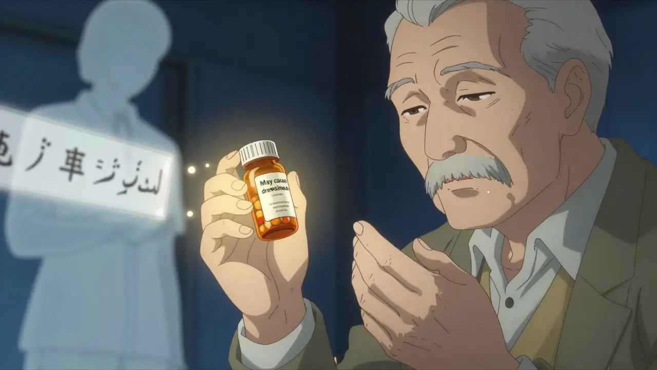 Elderly man holds pill bottle with multilingual label as interpreter appears beside him