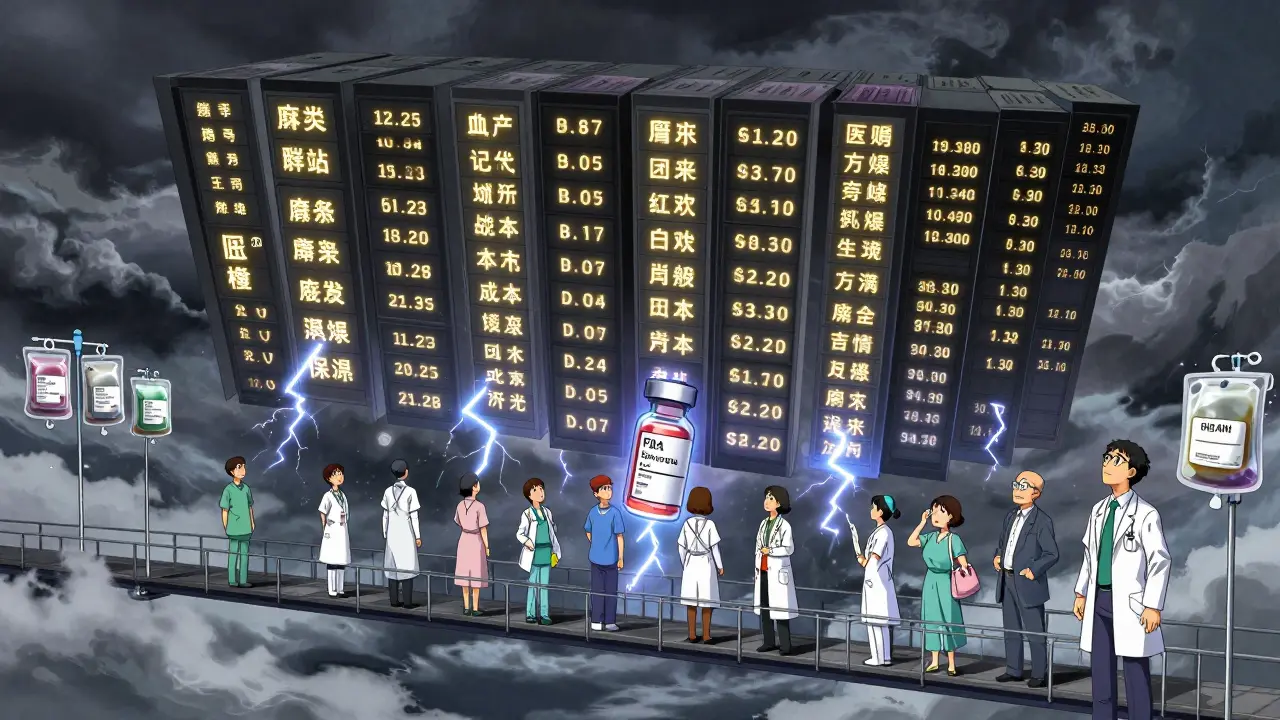 Floating digital ledger with drug lot expiration dates glowing above anxious medical staff on an IV bag bridge.