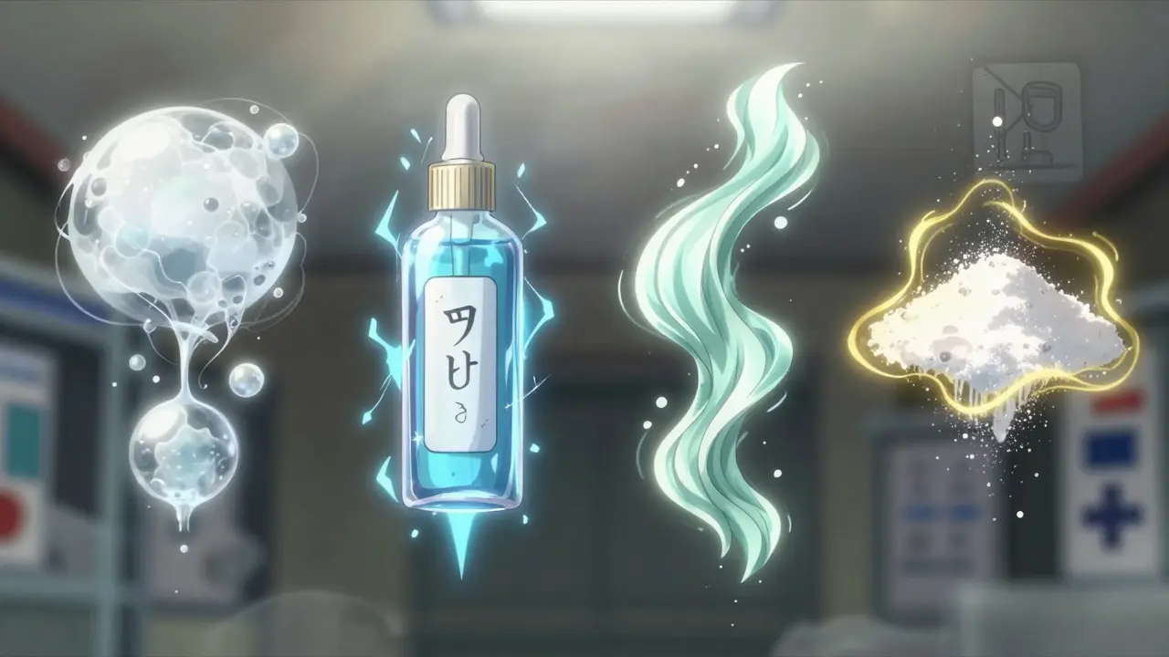 Four earwax softeners floating as elemental spirits with glowing effects and symbolic labels.