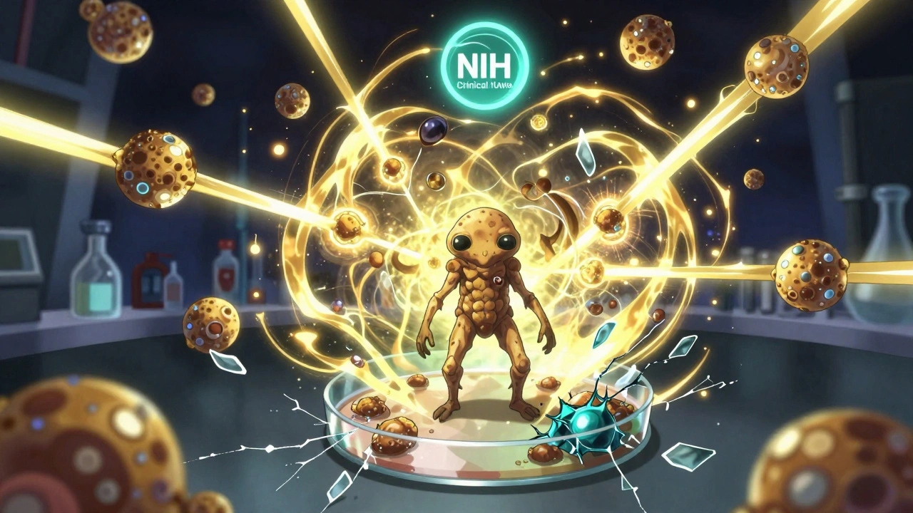 Fungal spore and drug molecules merging into golden energy, symbolizing unexpected synergy.